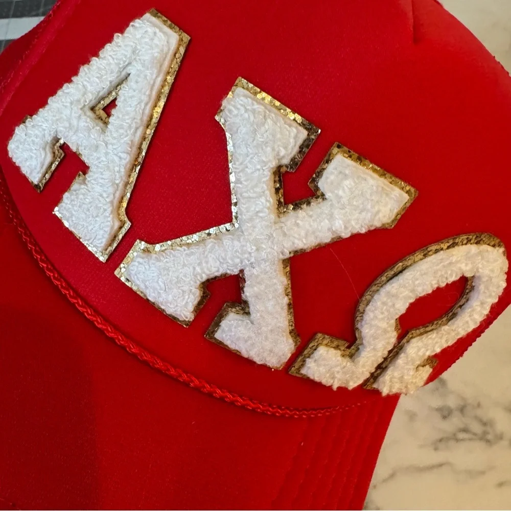 Alpha Chi Omega Red Trucker Hat Baseball Mesh Back Puffer Letters Bling Sorority